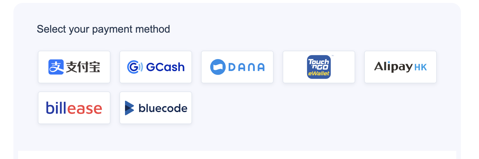 Alipay Plus wallet selection screen listing Alipay, GCash, DANA, Touch 'n Go eWallet, AlipayHK, BillEase and Bluecode.