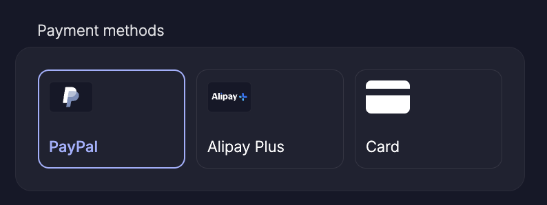 Checkout screen showing three payment options: PayPal, Alipay Plus and Card.